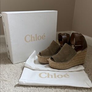 Chloé Brown/Green Suede Espadrille Wedge Sandals with Ankle Tie